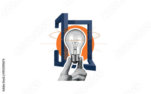 Conceptual creativity theme with black-and-white lightbulb held by an artist, thick white contour cut-out effect, bright orange circular halo and