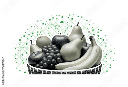 Close-up monochrome fruit textures inside basket, surrounded by small green square accents and thin grid lines referencing balance and nutrition, white contour