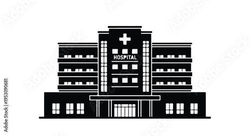 Silhouette of a modern hospital building architecture isolated on white