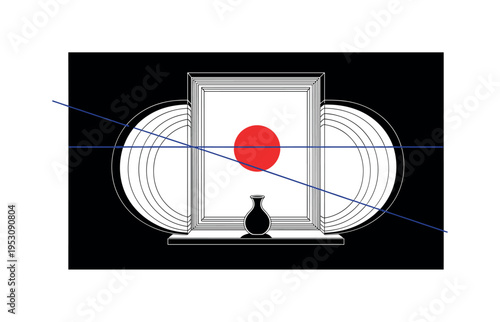 Black and white minimalist window sill with a small vase centered, bold red circle outside as graphic sun, thin blue diagonal line crossing composition for