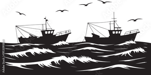 Two fishing boats on rough sea with seagulls flying overhead