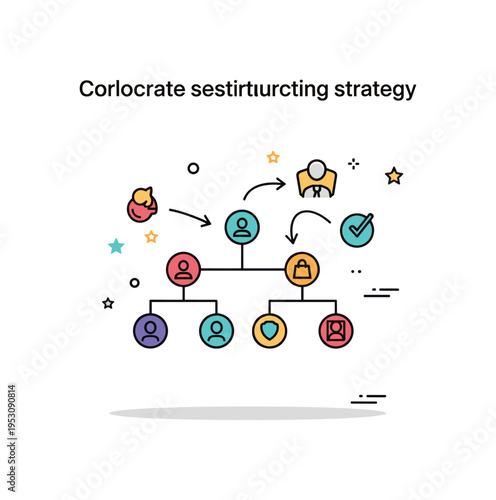 Corporate restructuring strategy concept illustrated by a simplified organizational chart with connected nodes being rearranged into a more streamlined