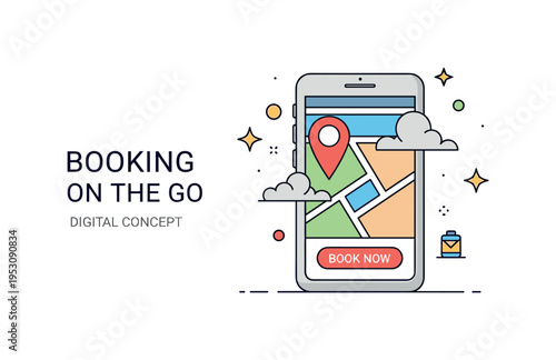 Mobile travel app interface smartphone displaying map with location pin and book now button below. A refined concept badge about booking on the go and digital