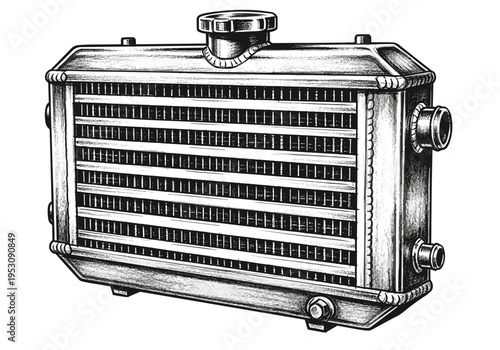 Detailed illustration of a car intercooler with a cap and fittings on a white background