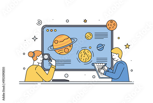 A digital display showing exoplanets with potential signs of life while researchers take notes, illustrating observation, analysis, and astrobiological