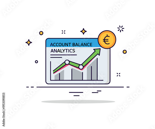 Account balance tracking illustrated by a compact analytics card with a rising graph line and small currency symbol, expressing financial growth and