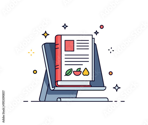 Modern cookbook display setup shown as a sleek stand holding a neatly designed recipe page with subtle sparkle accents, expressing inspiration and organized