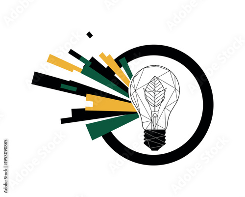 Black and white light bulb with a leaf filament inside, filament stylized as geometric shapes and thin lines, bold circular frame around the bulb, abstract