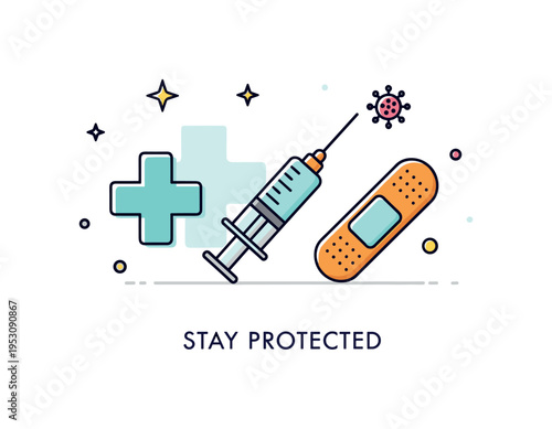 Healthcare clinic vaccination setup featuring a simple medical cross icon beside a syringe and bandage symbol. A gentle ?Stay Protected? text detail reinforces