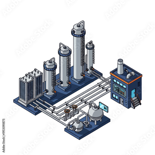 Industrial Chemical Plant with Towers and Pipelines.