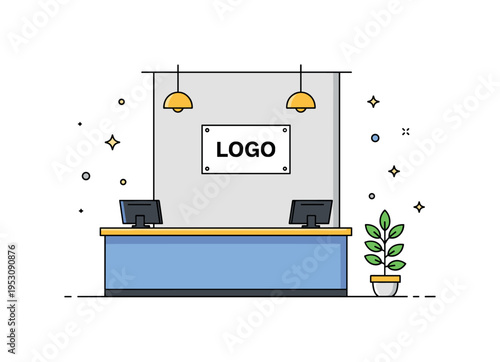 Modern bank reception area minimalist reception counter with logo placeholder on wall and small indoor plant adding welcoming atmosphere. A stylish concept
