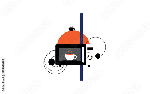 Black and white microwave with a minimal coffee mug inside, bold orange semicircle rising behind like symbolic warmth, thin navy vertical stripe dividing