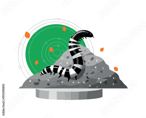 Black and white earthworm enlarged as central element crawling across a compost pile, bold green circular backdrop offset to one side, thin contour rings