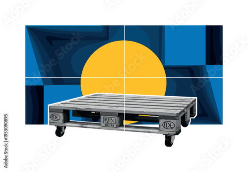 Black and white discarded wooden pallet transformed into a minimalist table, vivid yellow circle centered behind, deep blue angular blocks forming abstract