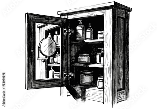 Open wooden medicine cabinet filled with bottles, jars, and a magnifying mirror