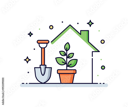 Garden landscaping makeover small shovel and potted plant positioned beside a simple house outline with fresh green accents. A modern editorial icon about