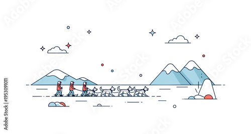 Sled dogs pulling a small team across an Antarctic snowfield with distant mountains, evoking traditional exploration and teamwork in extreme conditions.