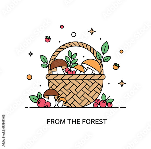 Wild food foraging scene featuring a woven basket filled with mushrooms and berries gathered from nature. Small leaf accents and a subtle ?From the Forest?
