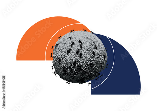 Black and white realistic ant hill mound with tiny simplified silhouettes climbing, oversized geometric semicircles framing the structure, bold flat color