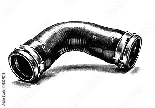 Black and white illustration of a flexible rubber hose with metal couplings on a white background