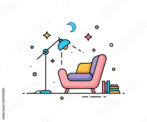 Evening reading nook concept built around a comfortable chair illuminated by a simple floor lamp with subtle star accents suggesting nighttime calm. The