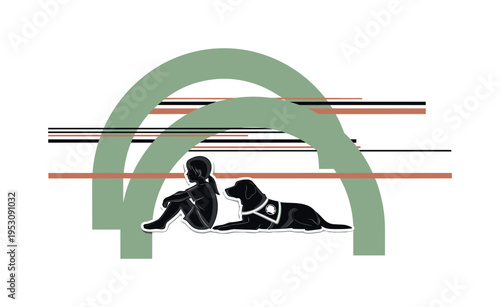 Black and white child silhouette seated with a service dog lying beside, bold geometric arcs forming a protective frame, thin horizontal lines suggesting calm