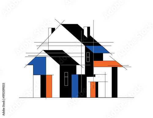 Black and white abstract representation of an asymmetrical house built from offset geometric blocks, thin linear grid elements suggesting architectural