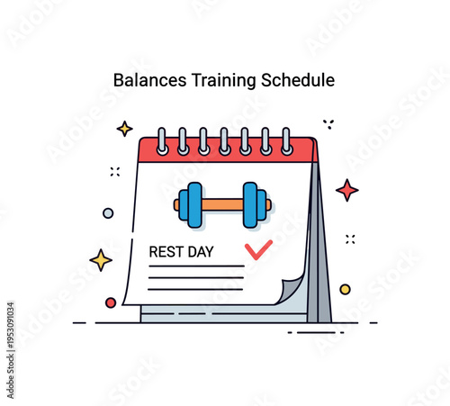 Balanced training schedule calendar page with a small dumbbell icon and rest day marked clearly. A concise illustration about planning workouts and avoiding