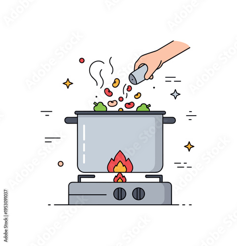 Homemade chili preparation large pot on stovetop with subtle flame accent beneath and visible beans and vegetables inside, symbolizing slow cooking and