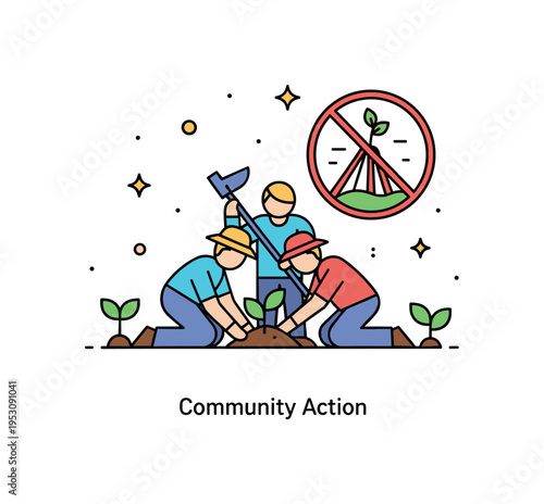 Community conservation effort illustration featuring simplified figures planting native seedlings while a removed invasive plant icon sits aside, expressing