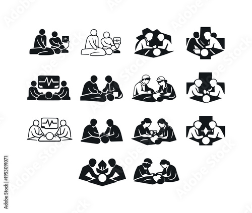 Medical personnel in high-stress emergency rooms. Icon set. Set Logo of Medical personnel in high-stress emergency rooms: life-saving equipment use. harmonious