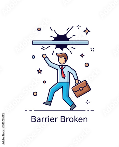 Professional growth milestone showing a figure breaking through a symbolic ceiling while holding a briefcase. A compact ?Barrier Broken? caption highlights