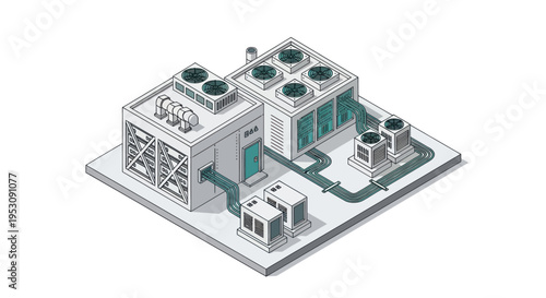 Industrial HVAC system with cooling towers and ventilation units.