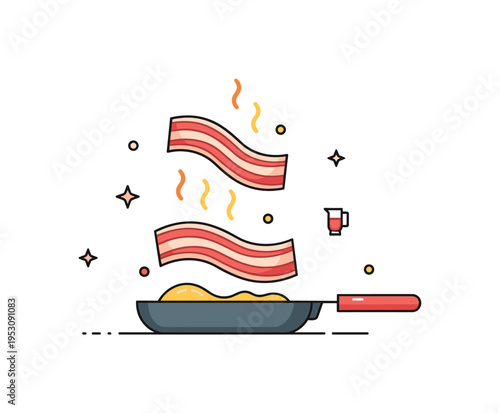 Frying pan with strips of bacon releasing golden fat, small decorative dots emphasizing heat, crispiness, and morning breakfast vibes. Minimalist flat vector