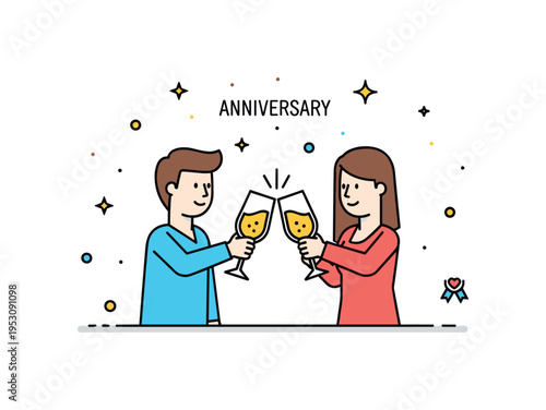 Anniversary celebration with a couple clinking champagne glasses surrounded by tiny stars and sparkles, conveying festivity, love, and milestone recognition.