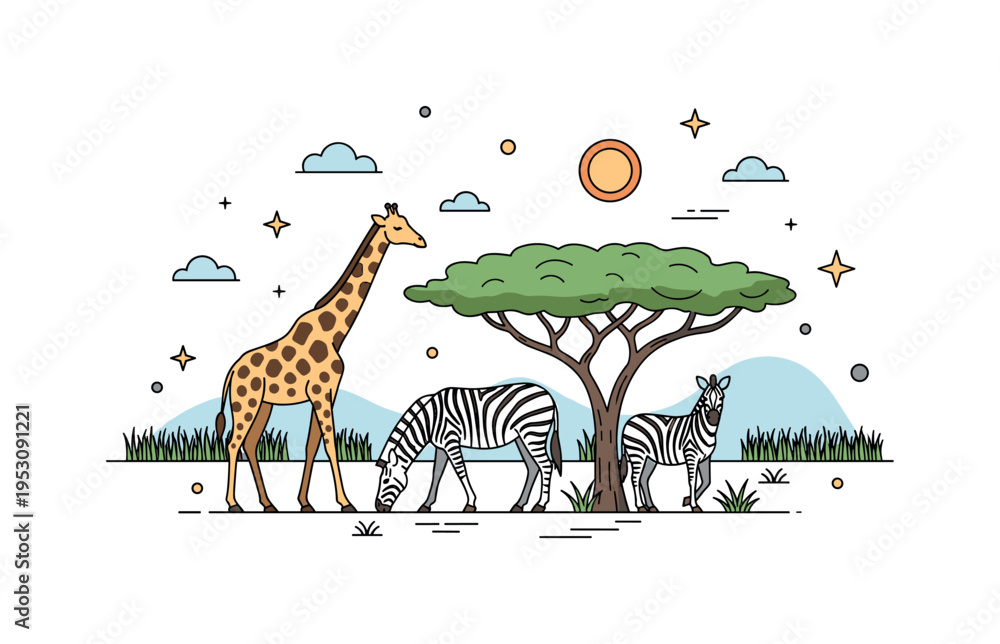 Fototapeta premium Savanna wildlife with a giraffe and zebra grazing near an acacia tree under a warm sun, illustrating the diversity and tranquility of African plains.