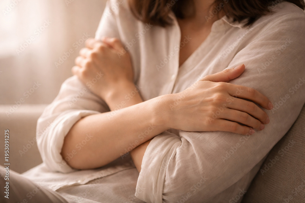 Obraz premium Woman sitting with arms crossed indoors during daylight hours looking thoughtful