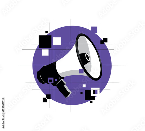 Oversized monochrome megaphone angled upward, framed by a bold purple circular shape and intersected by thin black grid lines, abstract square accents adding
