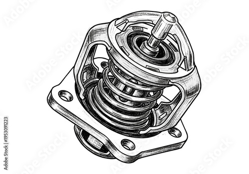 Detailed illustration of a car engine thermostat with a spring mechanism and mounting flange