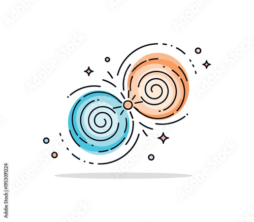 Colliding galaxies cosmic interaction two luminous spiral shapes overlapping with subtle star bursts at the intersection point. A dramatic yet compact visual