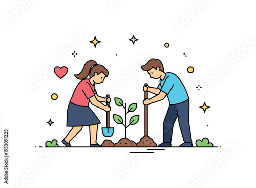 Two people planting a tree together, symbolizing growth, new beginnings, and mutual effort in restoring a damaged relationship. Minimalist flat