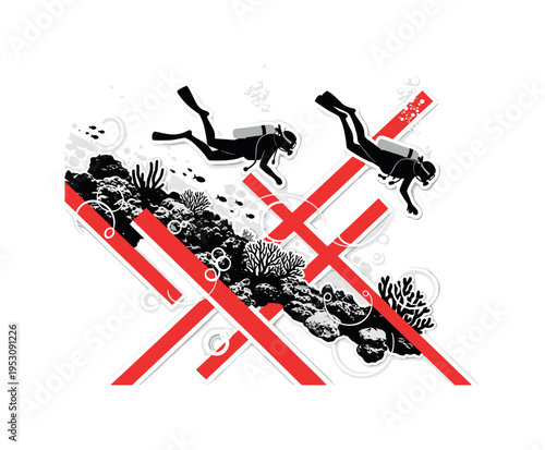 Black and white scuba divers exploring a coral reef scene, combined with bold red rectangular shapes and diagonal lines creating dynamic movement, subtle