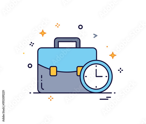 Professional obligation briefcase icon paired with a small clock symbol indicating punctuality. A modern micro scene highlighting dedication, discipline and
