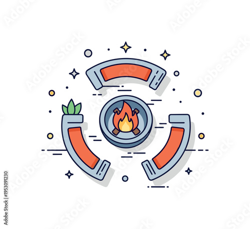 Fire pit gathering area illustrated by circular seating around a stylized flame icon, symbolizing cozy evenings and social interaction under the open sky. The
