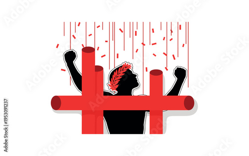 Black and white athlete silhouette wearing victory wreath, intersected by red cylindrical shapes and thin vertical lines suggesting celebration and spotlight,