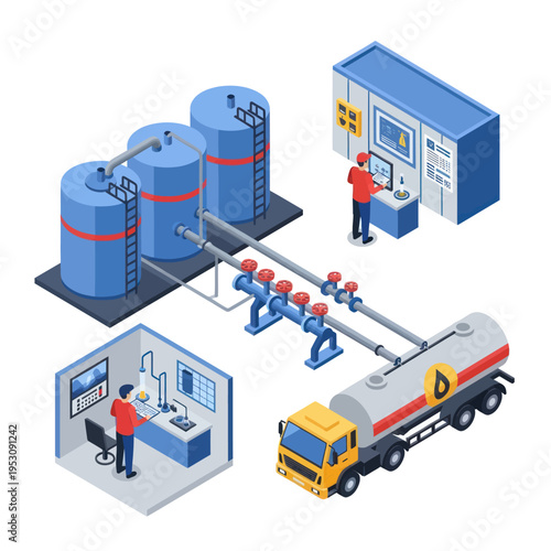 Industrial oil and gas processing plant with tanker truck and control rooms.