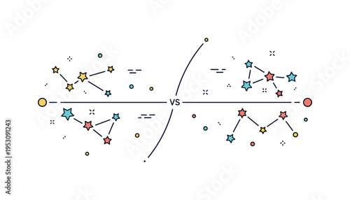 Constellation border comparison showing two neighboring star patterns separated by a clean curved line, emphasizing distinct celestial territories. A balanced