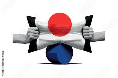 Black and white pillow compressed between two hands, bright red circular accent behind center to emphasize pressure, thin horizontal lines suggesting soft