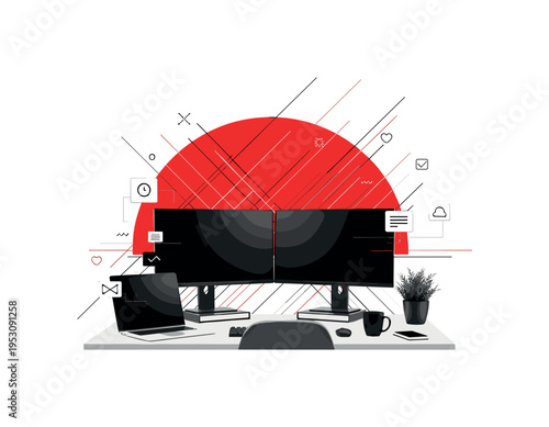 Black and white home office desk setup with laptop, dual monitors, coffee mug and plant, layered with a red half-circle backdrop and thin diagonal lines