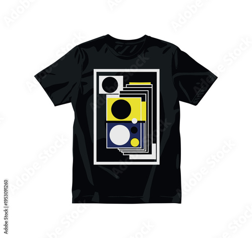 A monochrome T-shirt laid flat with a bold abstract graphic printed on it made of circles and blocks, contrast between realistic fabric and flat geometric